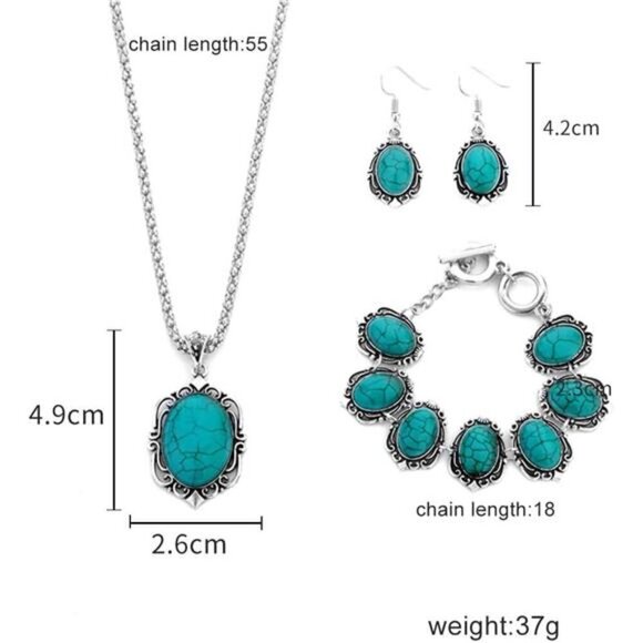 Turquoise Bohemian Dangle Metal Large Oval Earrings Statement Teardrop Earrings - Picture 2 of 5